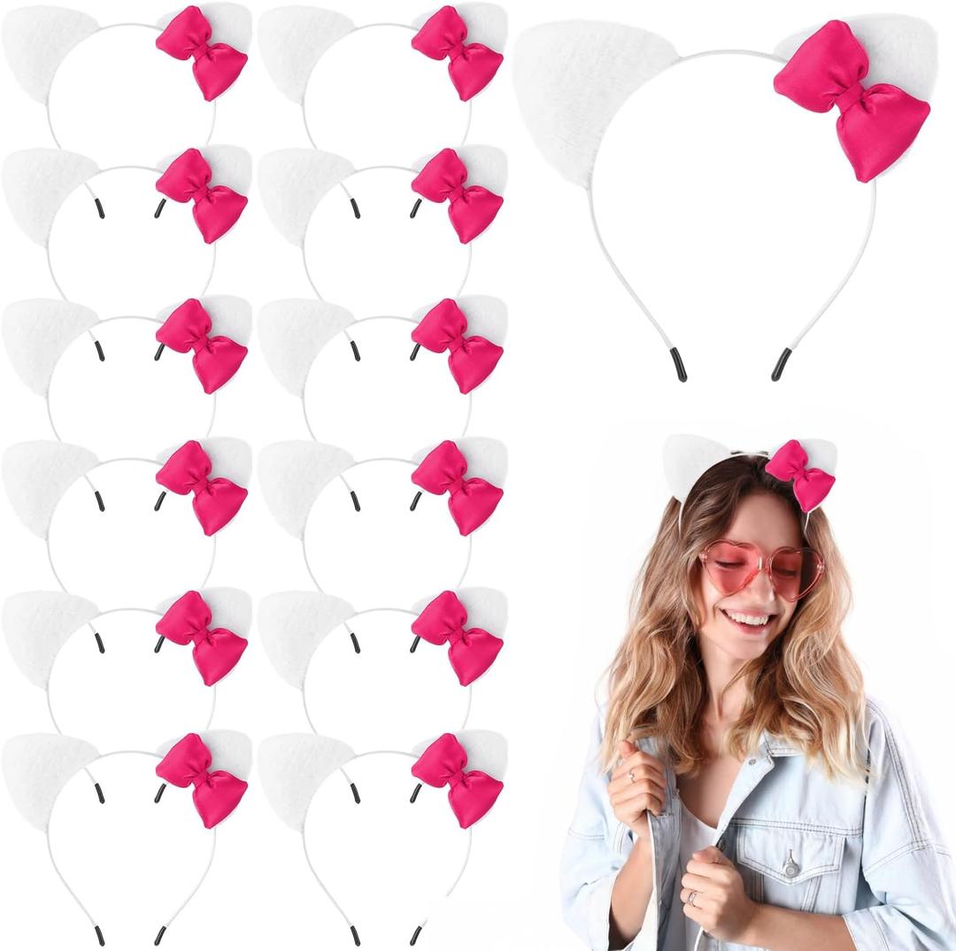 12 Pcs Kitten Cat Ears Headbands Pink Bow Kitty Birthday Decoration for Party Favor Backdrop Kitten Bow Hair Costume