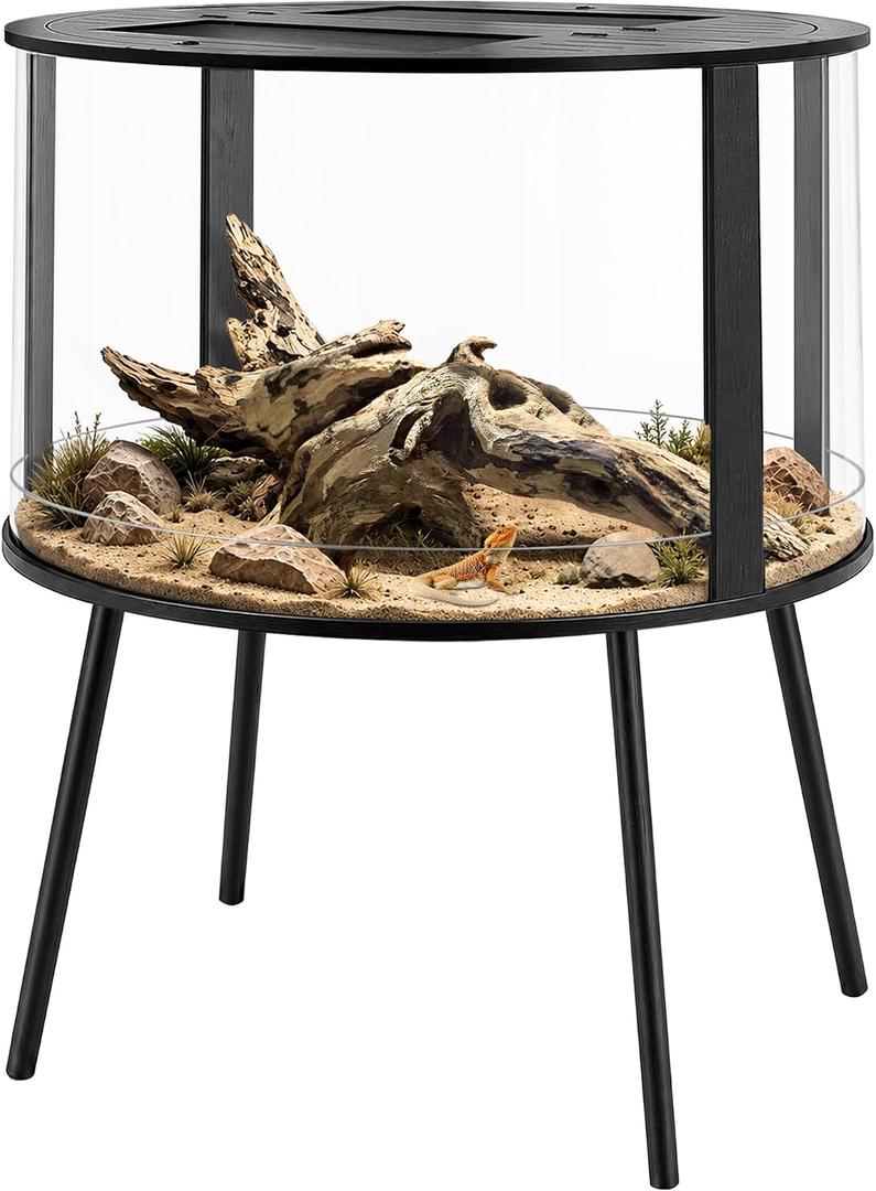 PROLEE 130 Gallon Bearded Dragon Tank, Round Reptile Enclosure with Stand, Large Lizard Terrarium with 360° Clear View and Mesh Top for Chameleon, Gecko, Snake