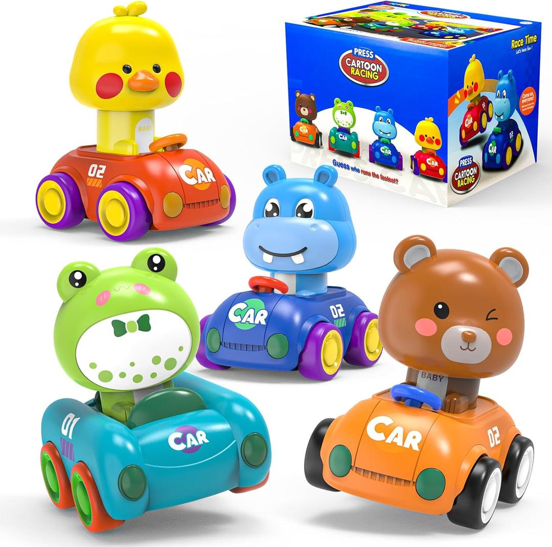 Press to Go Car Toddlers Toys for 1-3, Push Go Animal Racing Car Set 4 Pack, Baby Infant Playing Vehicle Toys 6-12-18 Months, Birthday Gifts for 1-2 3-4 Years Old Boys Girls