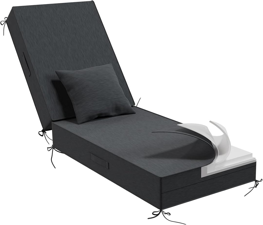 Outdoor Water-Resistant Olefin Chaise Lounge Cushions with Pillow, Weather and Fade Resistant Patio Furniture Lounge Chair Cushion Ideal for Patio, Lawn, Garden, Dark Gray, 72"L x 21"W x 5"T