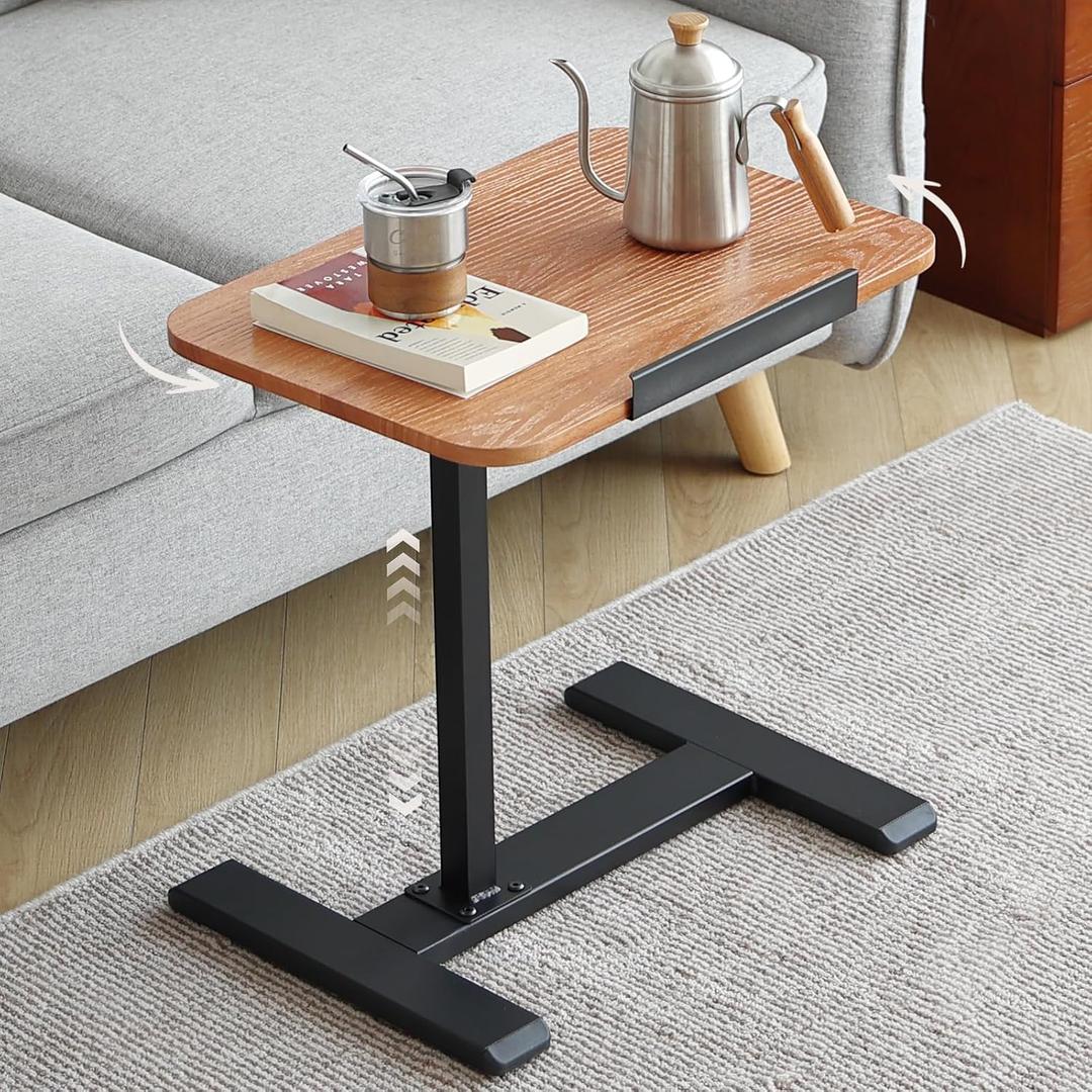 Solid Wood C-Shaped Side Table,360 Rotating TV Tray Table,Height-Adjustable,Sliding Sofa Table,Rolling Laptop Desk for Living Room and Bedroom Use with Sofa,Bed,Chair-Pale Walnut, standard large items