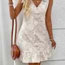 WDIRARA Women's Floral Textured Bow Tie Shoulder Short Dress Ruffle Sleeveless V Neck Tank Dresses (Beige, S)