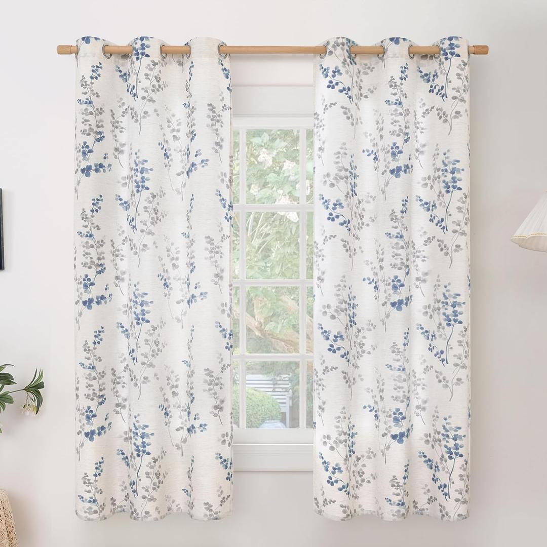 BGment Linen Curtains for Bedroom 63 Inch Length 2 Panels Set Floral Leaf Patterns, Light Filtering Window Privacy Curtains for Living Room Boho Farmhouse Vintage, Each 42 Inch Wide, Navy