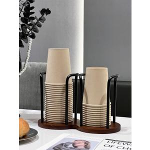 Wood Bathroom Cup Holder 3oz-8oz, Stylish Walnut Disposable Cup Dispenser, Plastic Mouthwash Cup Storage Organizer for Cups (Under 3.35in Diameter) -Perfect for Office, Kitchen, Gym, School or Cafes (Black-2)