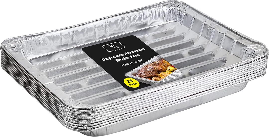 Pack of 25 Disposable Aluminum Broiler Pans  Good for BBQ, Grill Trays  Multi-Pack of Durable Aluminum Sheet Pans  Ribbed Bottom Surface - 13.40" x 9" x 0.85"