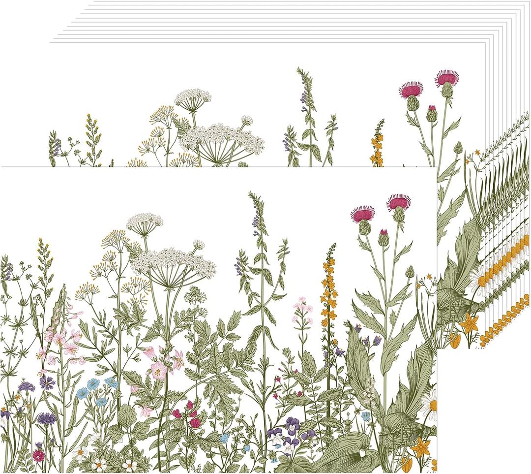 Vintage Wildflowers Floral Paper Placemats Disposable 50 Pack 16x 11 Inch Seasonal Wildflower Place Mats for Spring Summer Bridal Shower Wedding Birthday Party Supplies