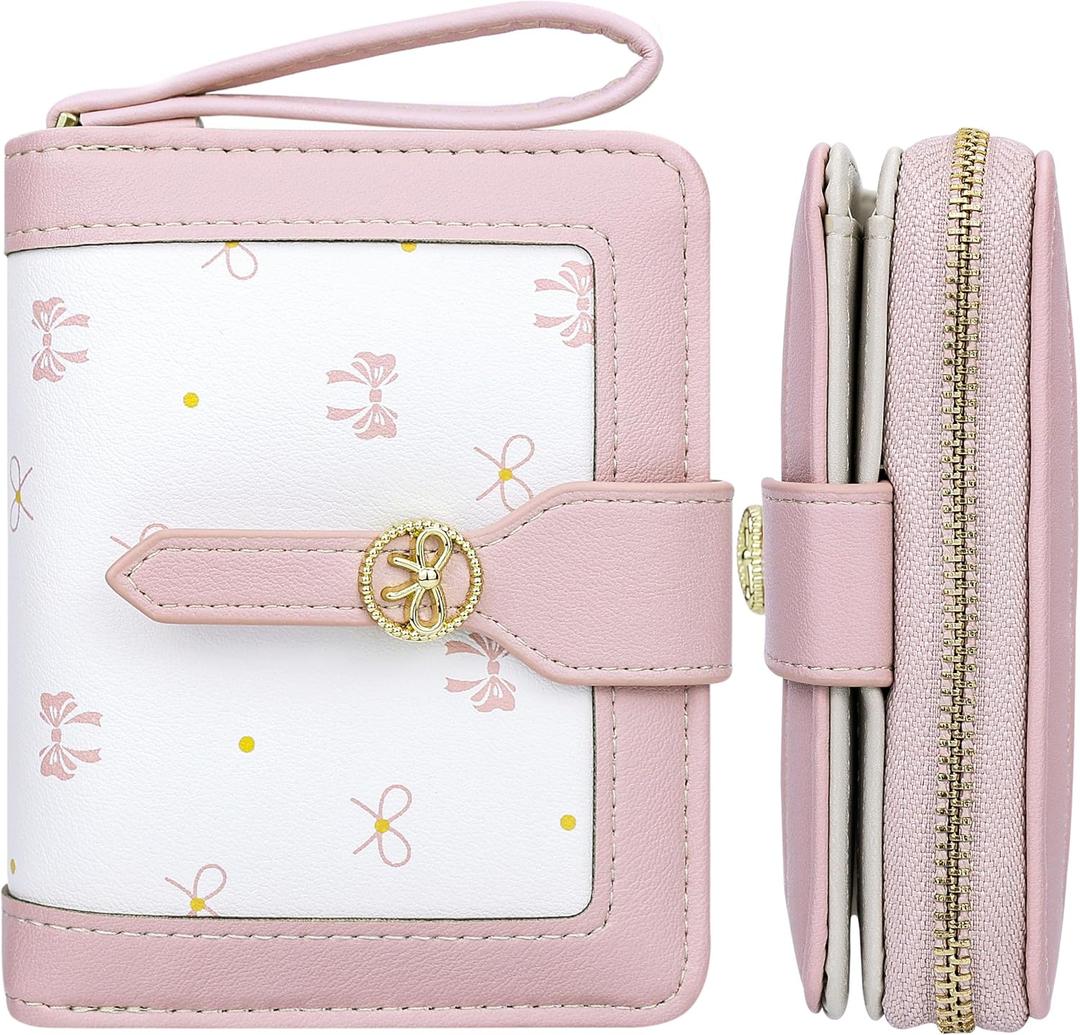 Farcauo Cute Pink Small Bow Wallet for Women Bifold Womens Wallets Minimalist Ladies Purse with Bow Design Mini Kawaii Coin Purse with ID Window
