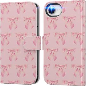 DEENAKIN for iPhone 16e Wallet Case with Card Holder + Cash Clip, RFID-Blocking, Military-Grade Drop Protection & UV-Printed Artwork, Magnetic Closure with Leather Kickstand - Cute Pink Bow