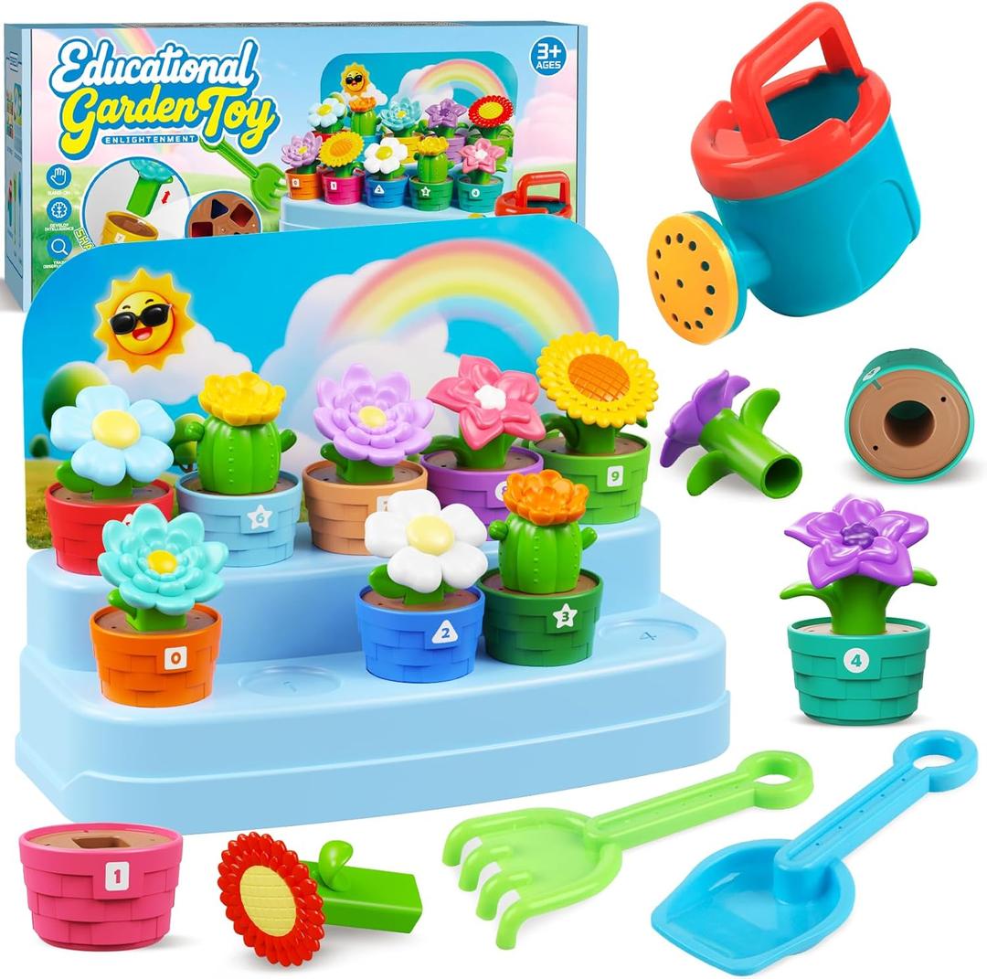 Easter Montessori Flowers Garden Toy for Toddlers, Gardening Set with Watering Can, Shovel, Rake, Shape & Color Sensory Toys, Educational Preschool Learning Toys,Toddler Toys,Gift for Baby Girls Boys (Medium)