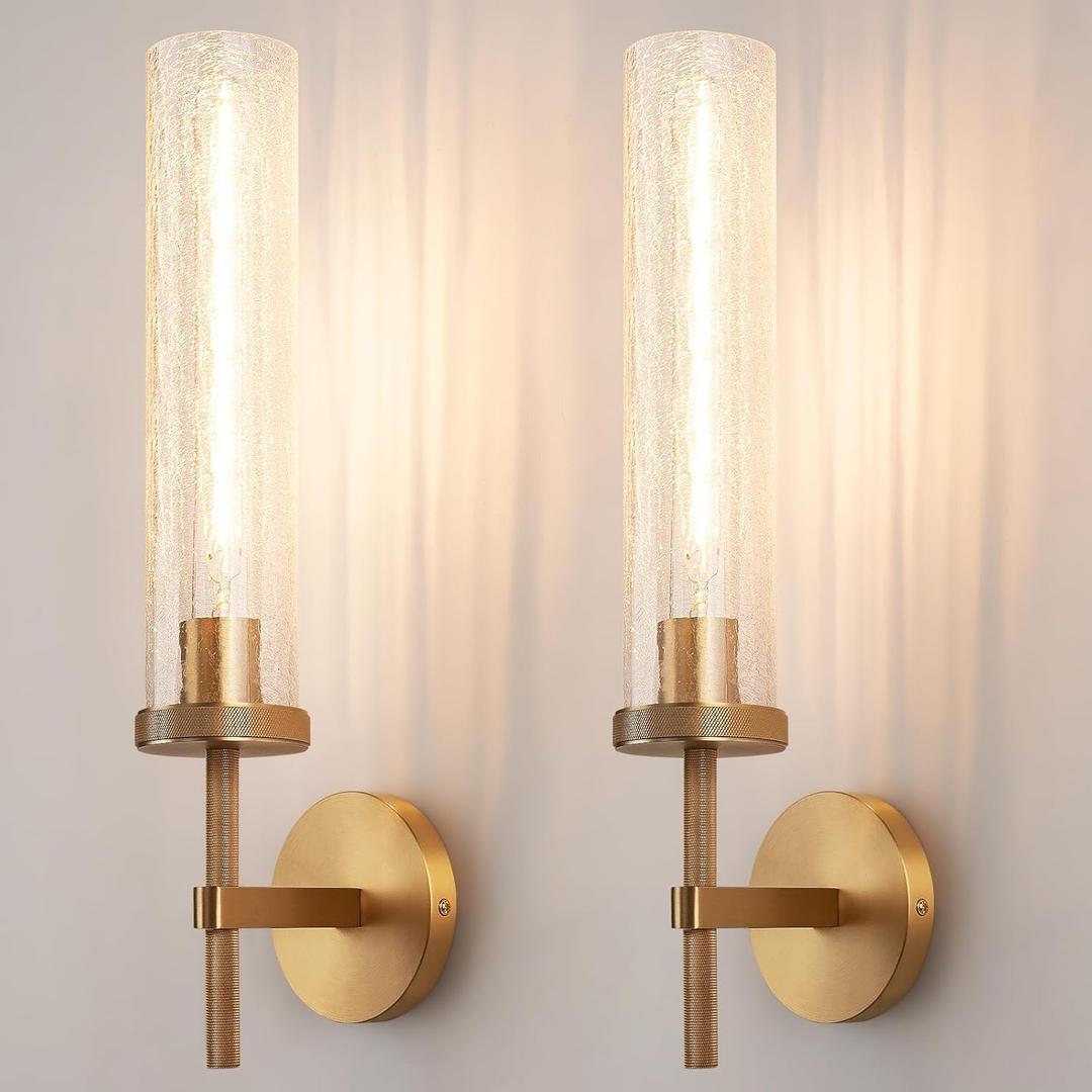 19.5" Knurled Brass Wall Sconces Set of 2, Gold Bathroom Vanity Light Fixtures with Crackle Glass Tube, Modern Lamp Lighting for Bedroom, Living Room, Hallway, Staircase, Mirror, Kitchen