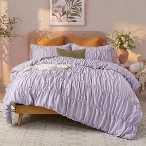Bedbay Ruched Purple Comforter Set Queen Size,100% Cotton Boho Ruched Bedding Set,Soft Durable Lavender Fluffy Comforter,Shabby Chic 3 Pcs Romantic Ruffle Dreamy Aesthetic Bedding for All Seasons