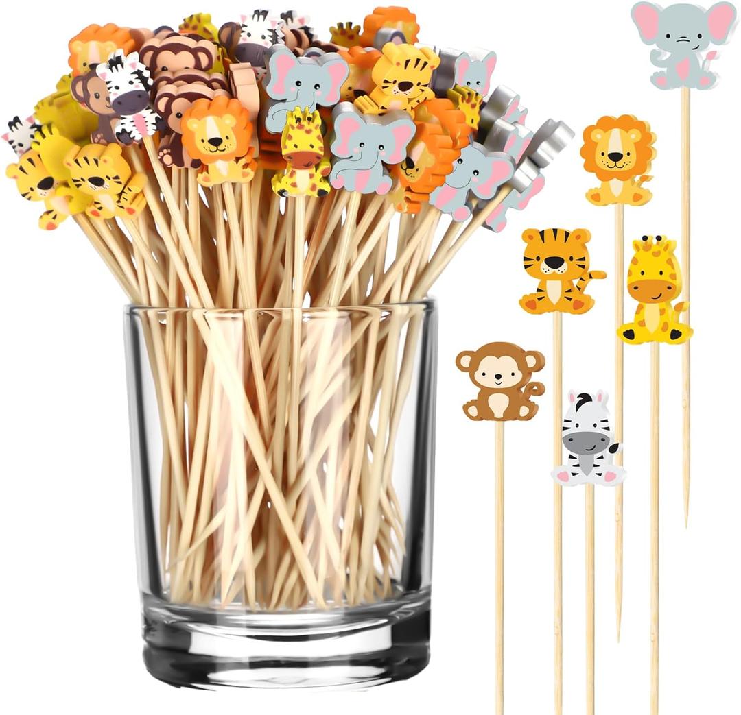 Pickmesh 600 Pcs Jungle Animals Cocktail Picks 4.7 Inch Safari Animals Bamboo Toothpicks Cocktail Skewers for Drinks Party Decorations for Appetizers Fruit Drinks Party Supplies