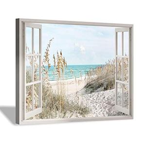 Coastal Beach Picture Wall Art: Beach Theme Window Canvas Art Prints Seascape Artwork Small Size for Bathroom (16 x12 x 1 Panel): Posters & Prints
