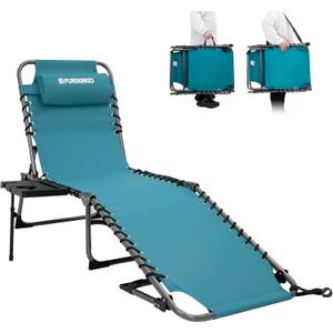 FUNDANGO Folding Chaise Lounge Chair Outdoor, 5 Positions Foldable Beach Lounges Chairs for Adults with Side Table & Pillow for Outside Tanning Pool Camping Patio Lawn (Cyan)