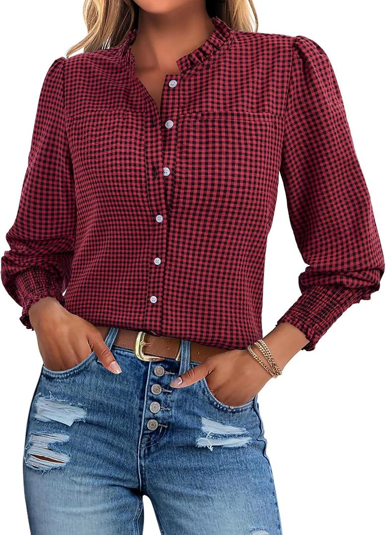 Uhiger Plaid Shirts for Women Button Down Shirt Ruffle Neck Long Sleeve Blouses Dressy Casual Gingham Tops with Chest Pockets (M)