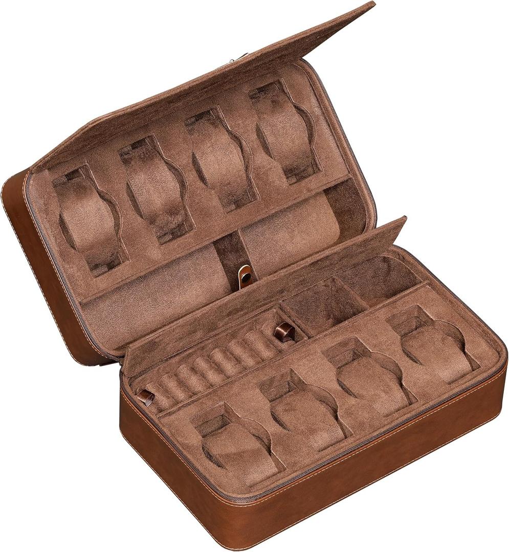 ROTHWELL 8 Watch Travel Case Storage Organizer for 8 Watches, Sunglasses, Rings & Cufflinks |Tough Portable Protection with Zipper Fits Most Wristwatches & Smart Watches Up to 50mm (Tan/Brown)