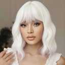 Short Bob Wavy Wig with Bangs for Women White Color Wigs for Women Loose Curly Shoulder Length Bob Curly Women's Charming Synthetic Fiber Wigs (White)