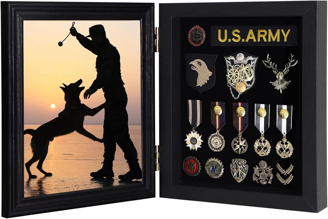 Memorabilia Pin Badge Display Case Wood Picture Frame 98% Uv Protection Acrylic Door,Collection Memorial Military Medals Hat Pins Beach Tags Display Picture 7x9 or 6x8 with Mat