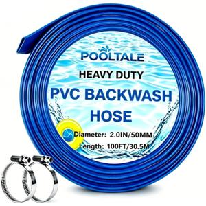 POOLTALE 2.0" x 100 FT Pool Backwash Hose, Heavy Duty Reinforced Lay-Flat Sump Pump Hose, Discharge Hose with 2 Clamp for Pool Filter, Drain Clean Swimming Pools and Filters for Inground Pools