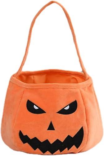 OneCut Halloween Ghost Trick or Treat Candy Basket, Orange Plush Tote Bag with Smiling Ghost Design
