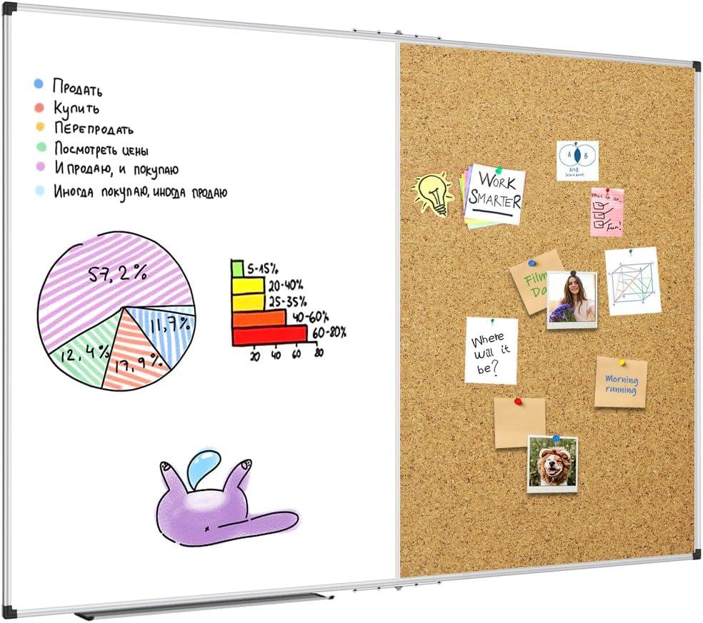 XBoard Extra Large Magnetic White Board and Bulletin Corkboard Combination, 60 x 40 Inch Foldable Dry Erase & Cork Combo Board for wall with Aluminum Frame, 5' x 3' Notice Memo Board Pin Vision Board