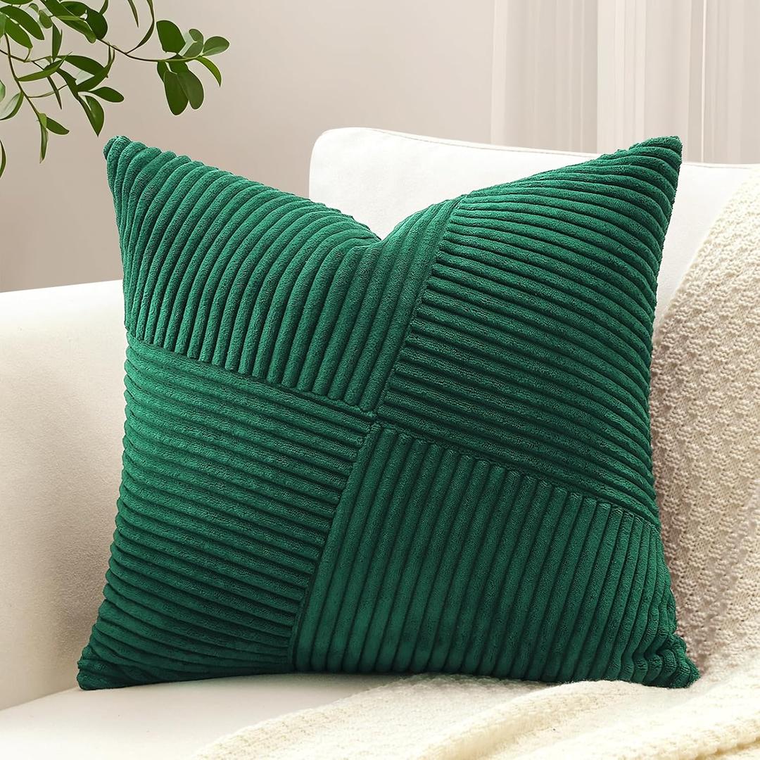OTOSTAR Set of 1 Decorative Throw Pillow Cover Soft Corduroy Solid Square Pillow Cases Boho Striped Windmill Patchwork Textured Cushion Cover for Sofa Car Bed Living Room 16x16 Inch, Dark Green