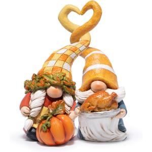 Hodao Thanksgiving Decorations for Table, Resin Fall Thanksgiving Gnome Figurines with Turkey, Pumpkin & Heart, Festive Gift for Autumn Home Decor - 2 Pcs
