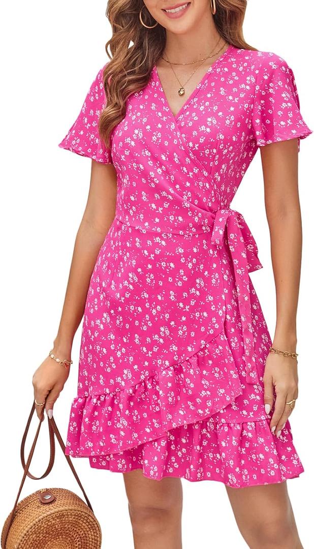 Naggoo Women's Summer Wrap V Neck Polka Dot Print Ruffle Short Sleeve Mini Floral Dress with Belt (X-Large, A Hot Pink)