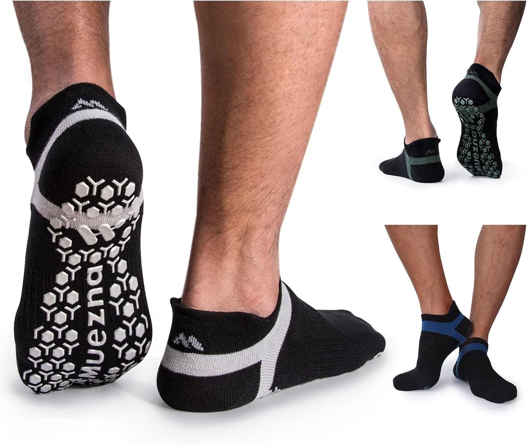 Muezna Men's Non-Slip Yoga Socks, Anti-Skid Pilates, Barre, Bikram Fitness Hospital Slipper Socks with Grips (12-14, Black+grey/Black+navy/Black+d.green)