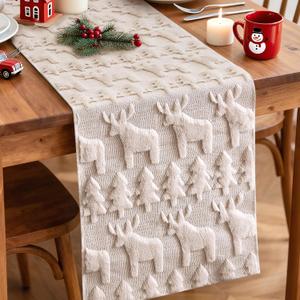 OTOSTAR Christmas Tree and Elk Soft Plush Faux Fur Jacquard Xmas Table Runner, Seasonal Holiday Dining Table Decoration for Home Party Decor 13x72 Inch (Cream Beige)