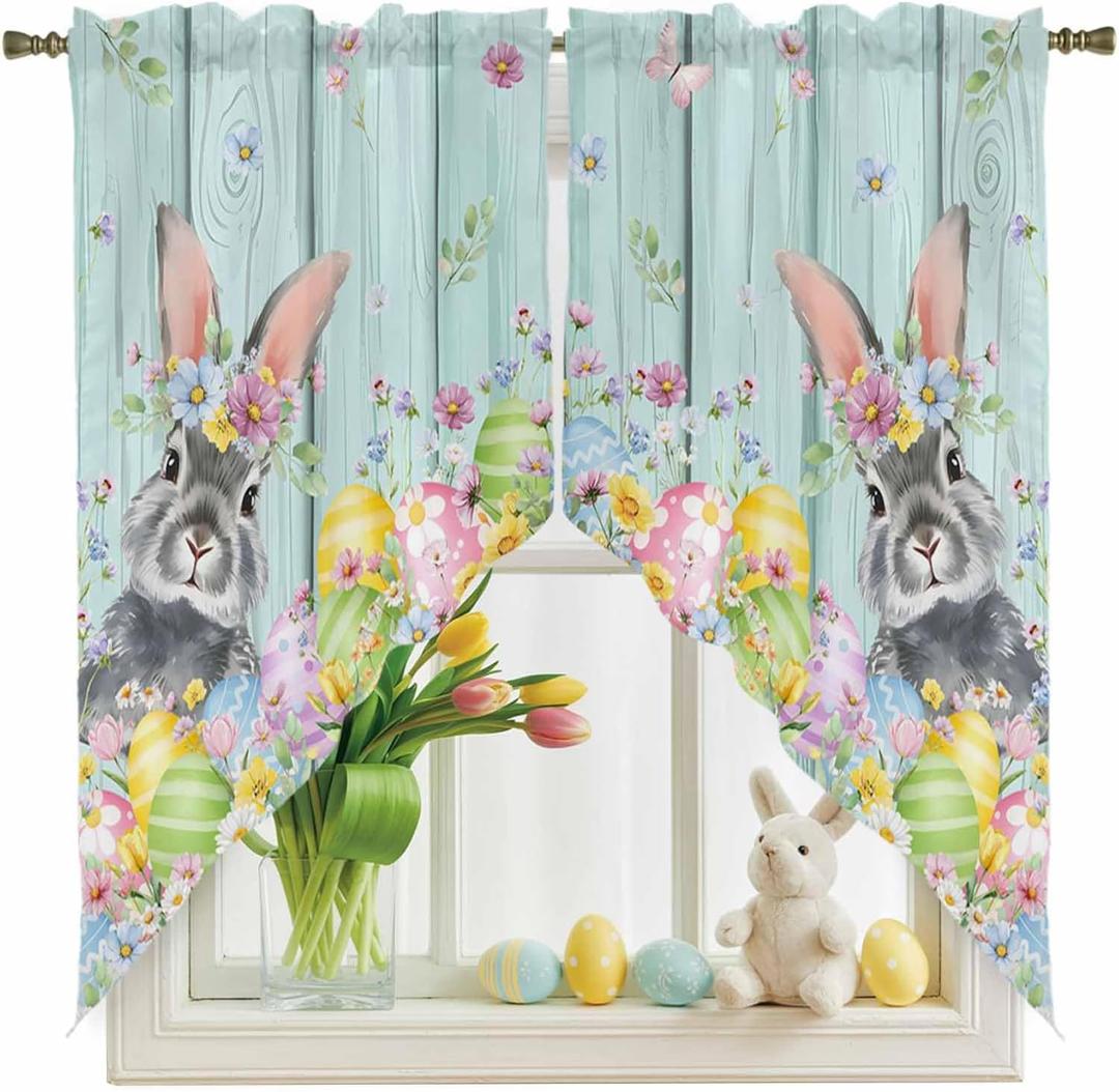 Easter Swag Curtain Valances Rabbit Easter Egg Short Swag Topper for Small Windows Flowers Leaf Wood Grain Seasonal Window Curtain Tiers for Kitchen Bedroom Living Room 56" W x 36" L, 28"W x 36"L