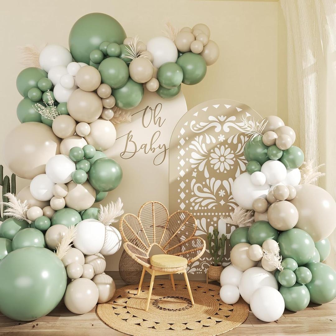 CROSSFINGERS Sage Green White Balloon Garland Arch Kit,145pcs Green Sand White Balloons Different Sizes for Birthday Baby Shower Gender Reveal Bridal Weddings Party Decoration