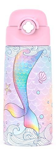 Ntswasd Girls Insulated Water Bottle with Covered Pop-Up Straw,16 oz Kids Cups with Stainless Steel Leak Proof for School Pink（Mermaid）