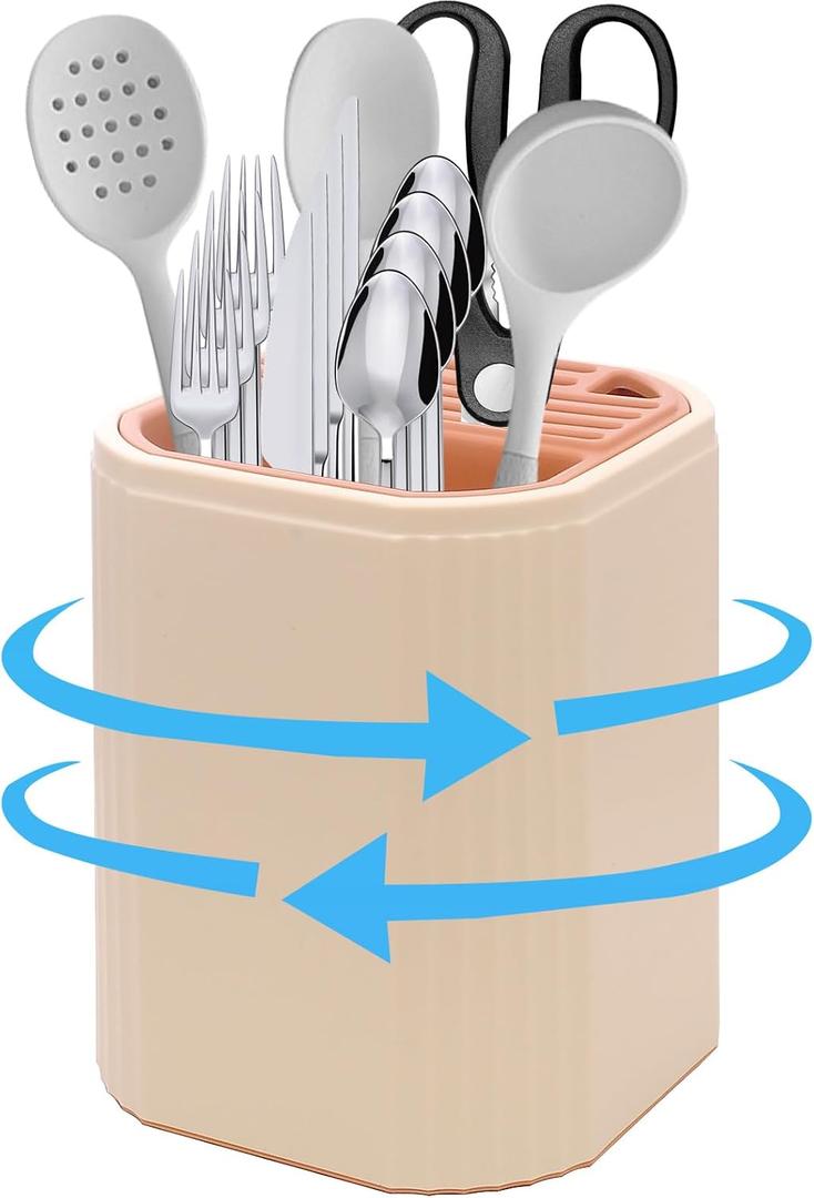 360 Rotating Kitchen Utensil Holder, 6.7" Large Utensil Crock | Removable dividers and drip tray keep cooking utensils organized, dry and easy to reach on any countertop.