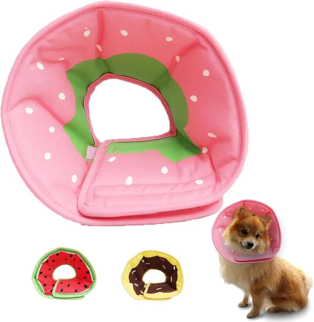 Soft Dog Cone, Lightweight Elizabethan Collar for Dogs, Adjustable Soft Cones for Dogs/Cats to Stop Licking After Surgery, Cute Strawberry Cone of Shame Alternatives for Pets(X-Small) (X-Small (Neck:5.5-7'' Puppy/Kitten))