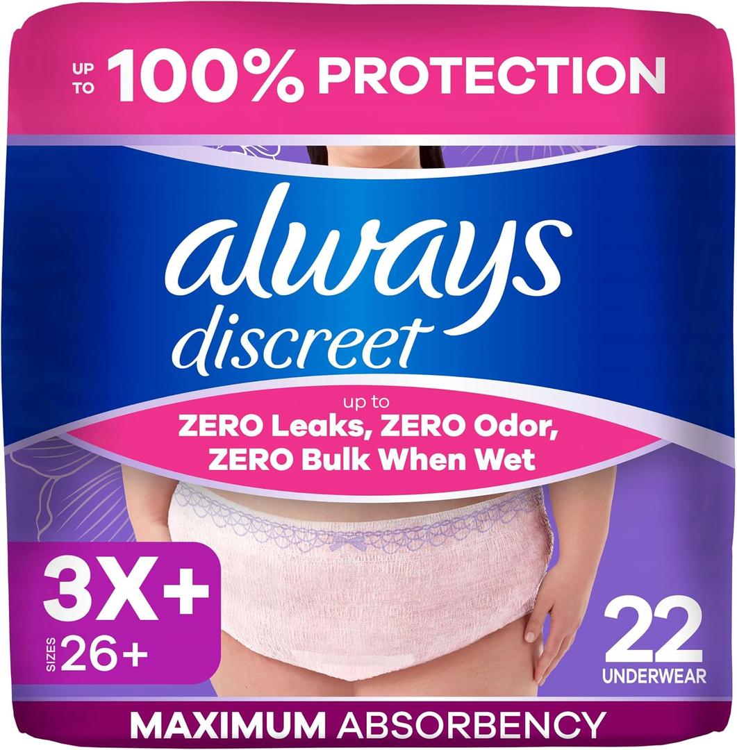 Always Discreet Reimagined Adult Diapers for Women, Maximum Absorbency Incontinence and Postpartum Underwear Size 3X+, Up to 100% Leak Free Bladder Leak Protection, 22 Count