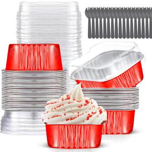 Mini Cake Pans With Lids (10oz,40 Pack) Aluminum Foil Square Cupcake Liners Brownie Baking Cups,Disposable 4x4 Large Cupcake Pan,Jumbo Muffin Tin Ramekins Holders (Red)