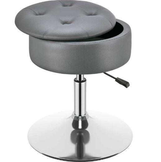 GREENSTELL Vanity Stool with Storage, 19" to 23" Height Adjustable PU Leather Vanity Chair, 360° Swivel Makeup Stool with Removeable Tray, Modern Ottoman for Bedroom Bathroom, Grey