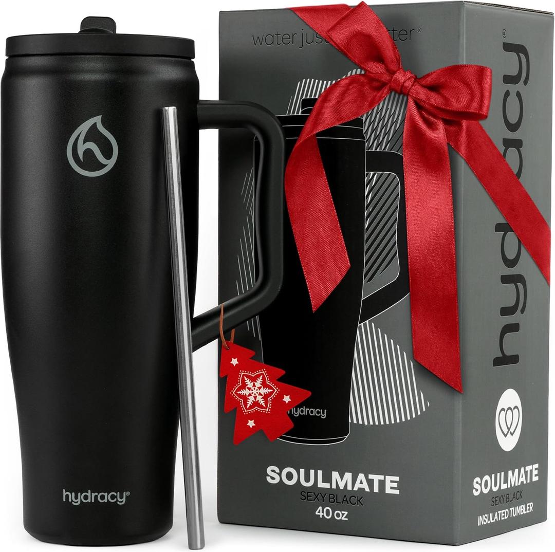 Hydracy 40 oz Tumbler with Handle and Straw, Stainless Steel Insulated Travel Cup with No Spill Rotatable Flip Lid for Left or Right Hand Use, Rubber Base, Fits in Cup Holder - Sexy Black