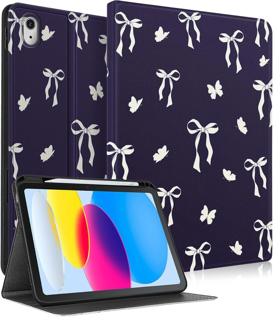 for iPad A16 Case (11th) 2025,for iPad 10th Generation 10.9 inch (2022) - Smart Folio Cover (Auto Wake/Sleep) with Built-in Pencil Holder for Apple Tablet Cover for Women Girls, Bow Butterfly