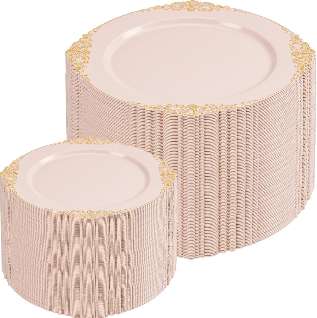 200PCS Pink and Gold Plates - Pink Plastic Plates - Fancy Disposable Plate with Gold Rim - Vintage Wedding Dinner & Dessert Plate for 100 Guests for Wedding & Party & Bridal Shower