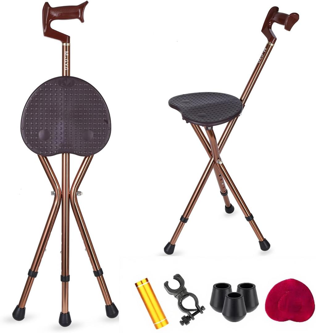 Folding Cane Seat Sturdy Lightweight Adjustable Handle Legs with LED Light Cushion for Elderly Walking Stick 300 lbs Large Plate (Brown)