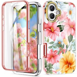 Cute Flower Case for iPhone 16 6.1 inch Built with Screen tector, Lightweight and Stylish Full Body Shockof tective Rugged TPU Case for Women/Girls