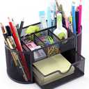 Desk Supplies Organizer Multi-functional Stationery Caddy Mesh Oval Pencil Holder Desk Office Supplies Organizer 9 Compartments with Drawer for Note Pads Black