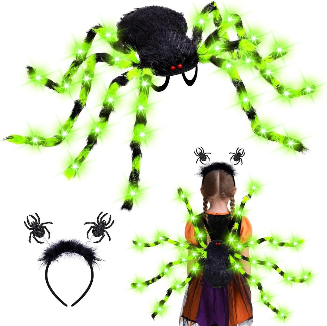 Halloween Green Light-Up Spider Costume for Kids & Adults, LED Giant Spider Backpack with Headband, Creepy Spider Outfit with 60 Lights, Halloween Party Trick or Treat Gear Battery Required