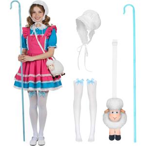 Adult Shepherdess Costume Set with Bonnet White Stockings With Blue Bow Plush Sheep Bag Shepherd's Crook (Bonnet+Stockings+Sheep Bag+Sheephook)