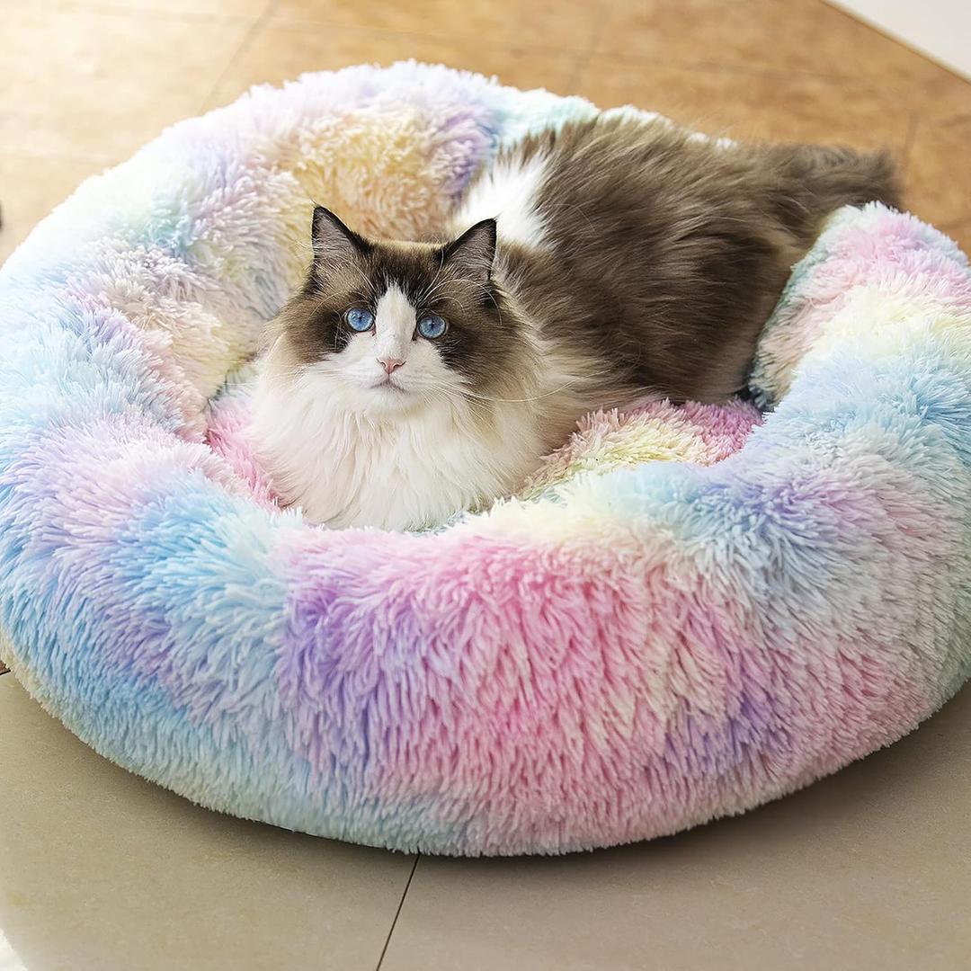 Anti Anxiety Round Fluffy Plush Faux Fur Warm Washable Dog Bed & Cat Bed, Original Bed for Small Medium Large Pets,Used to Relieve Joints and Improve Sleep20"/24"/27'' (20", Rainbow)