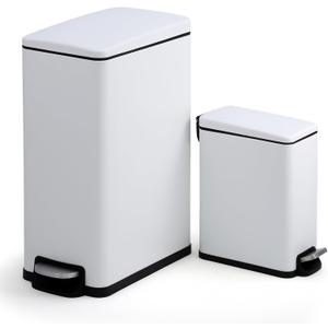 Garvee 12 Gal and 2.6 Gal Stainless Steel Trash Can Combo Set, Slim Garbage Can for Kitchen and Bathroom, Metal Trash Bin with Removable Inner Bucket & Step On Foot Pedal, White
