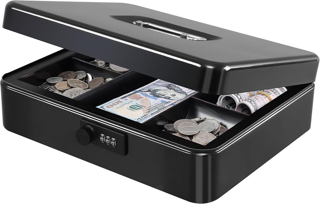 KYODOLED Metal Cash Box with Combination Lock Money Box for Cash Safe Metal Box with Money Tray for Security Lock Box 11.81"x 9.45"x 3.54" Black X Large