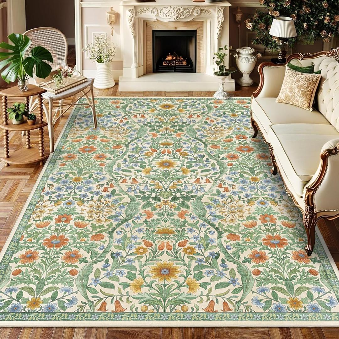 Floral Washable 6x9 Area RugGrass Green Boho Rugs for Living Room, Soft Low-Pile Non-Slip Stain Resistant & Non-Shedding Carpet for Bedroom, Dining Room, Office, Entryway, Nursery